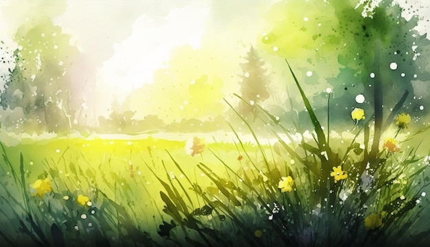 Obraz przedstawiający pole z zielonym polem i żółtymi kwiatami.