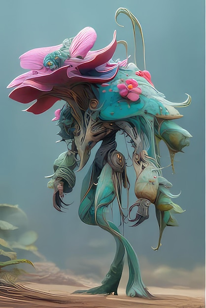Obraz przedstawiający potwora z kwiatem na głowie