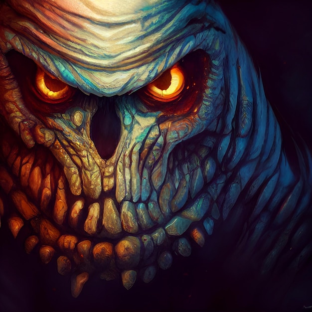 Obraz przedstawiający potwora z pomarańczowymi oczami i niebieską twarzą.