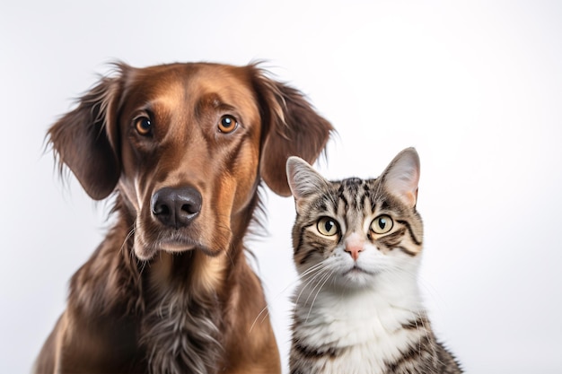 Obraz przedstawiający psa i kota wpatrującego się w soczewkę na pustym tle