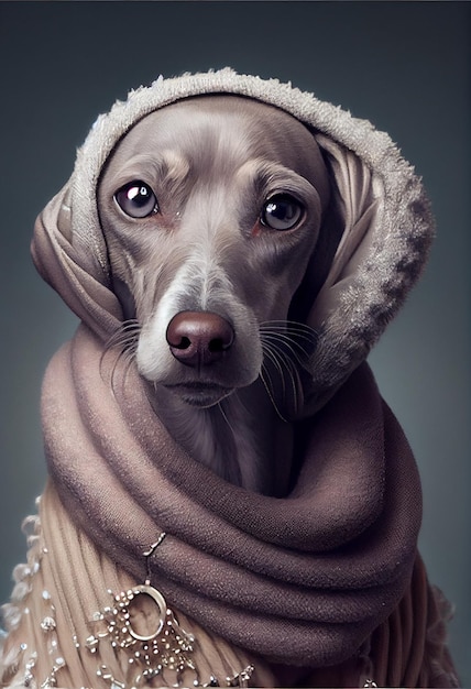Obraz przedstawiający psa w czapce i szaliku.