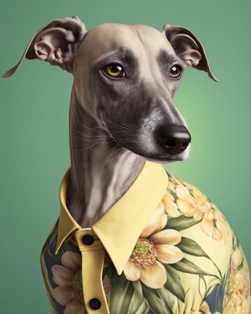 Obraz przedstawiający psa w koszuli z napisem „jamnik”
