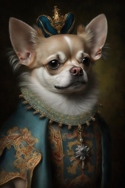 Obraz przedstawiający psa w niebiesko-złotej szacie ze złotym medalionem.
