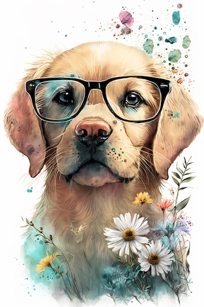 obraz przedstawiający psa w okularach i kompozycję kwiatową generatywną ai