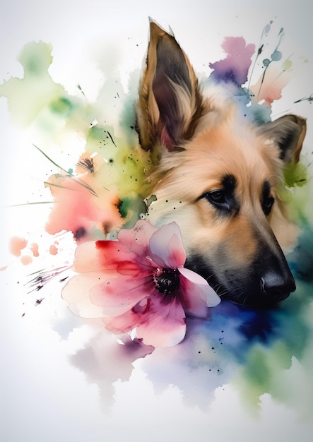 Obraz przedstawiający psa z kwiatkiem