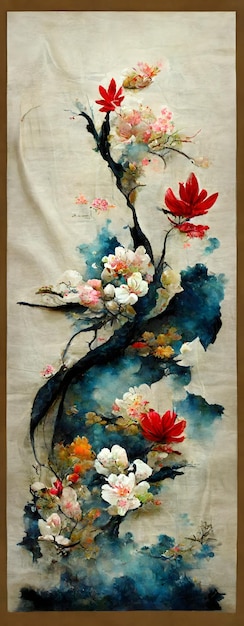 Obraz przedstawiający ptaka i drzewo z kwiatami