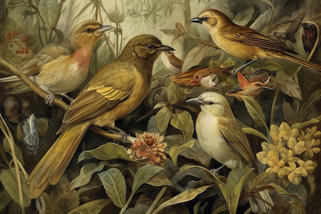 Obraz przedstawiający ptaki w dżungli na zielonym tle.