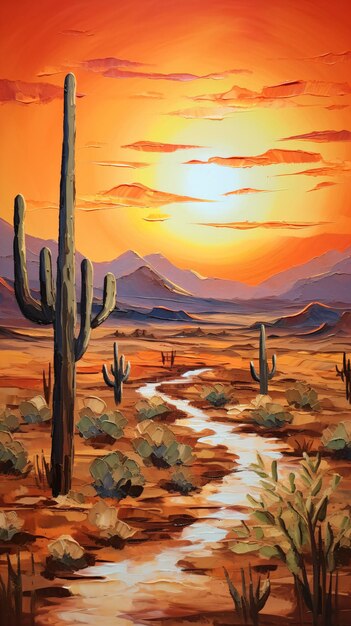 obraz przedstawiający pustynną scenę z rzeką