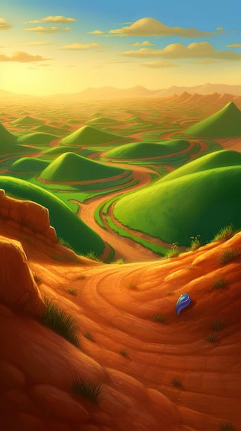 Obraz przedstawiający pustynny pejzaż z zielonym wzgórzem i niebieskim obiektem na pierwszym planie.