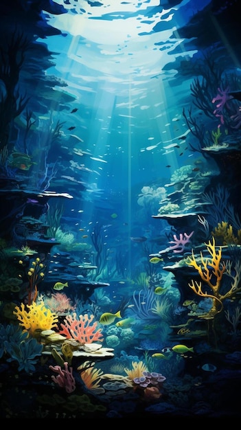 Obraz przedstawiający rafę koralową z wodospadem w tle.