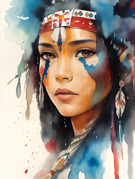 Obraz przedstawiający rdzenną Amerykankę z piórami na głowie