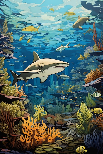 obraz przedstawiający rekina pływającego pod rafą koralową z innymi rybami