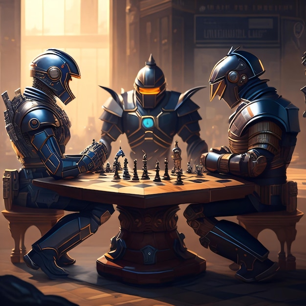 Obraz przedstawiający roboty grające w szachy, z jednym z nich w zbroi.