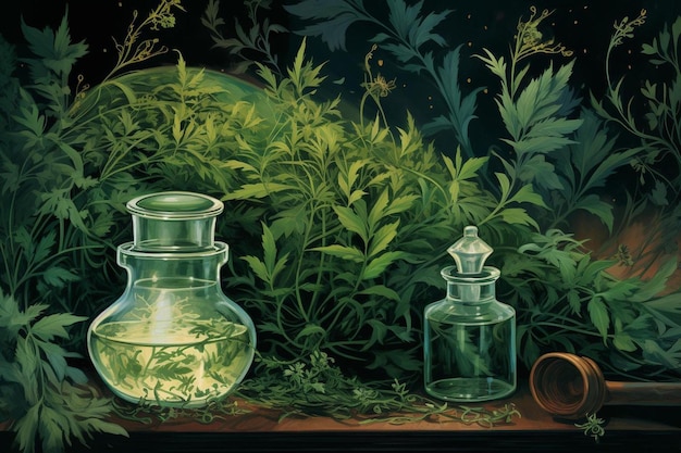 Zdjęcie obraz przedstawiający roślinę i butelkę herbaty.