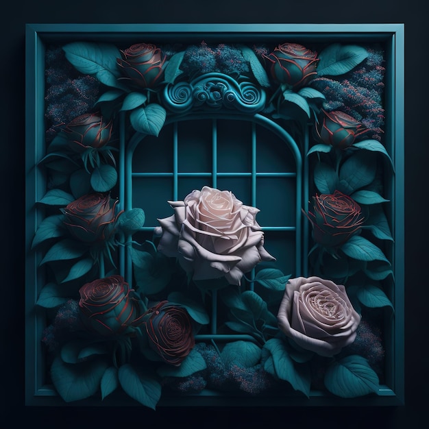 Obraz przedstawiający róże i ramę okienną na niebieskim tle