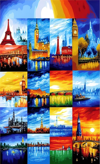 Obraz przedstawiający różne miasta i wieżę Eiffla.