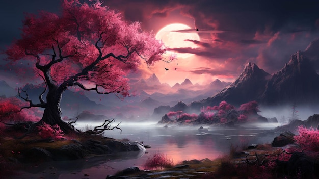 Obraz przedstawiający różowe drzewo z księżycem na tle krajobrazu małej wyspy