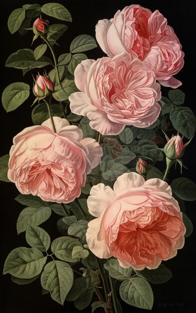 Obraz przedstawiający różowe róże z zielonymi listkami i napisem "różowy" na spodzie.