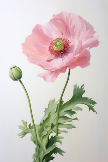 Obraz przedstawiający różowy kwiat z zielonymi liśćmi