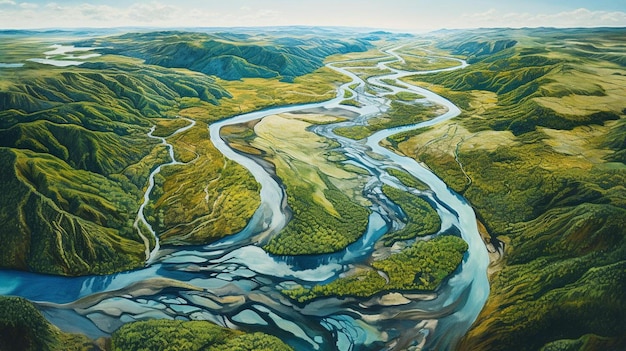 obraz przedstawiający rzekę i góry na tle zielonego krajobrazu.