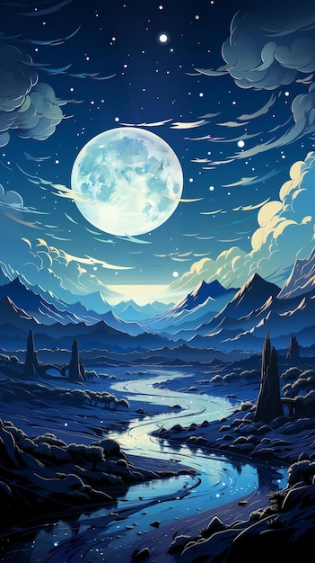 obraz przedstawiający rzekę i góry z pełnią księżyca w tle