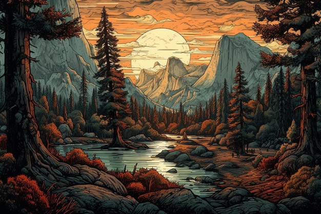Obraz przedstawiający rzekę otoczoną górami i lasem z zachodem słońca w tle.