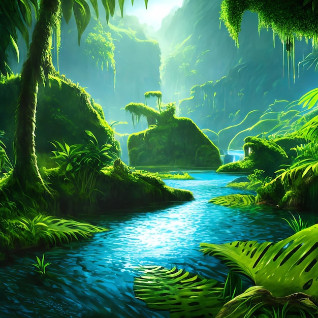 Obraz przedstawiający rzekę otoczoną roślinnością dżungli.
