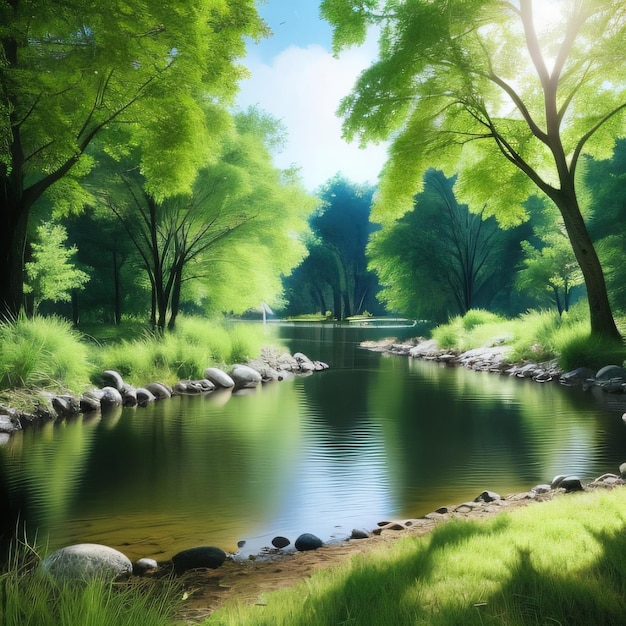Obraz przedstawiający rzekę z drzewami i skałami w tle