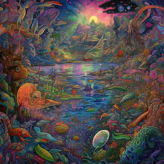 Obraz przedstawiający rzekę z kolorową sceną przedstawiającą rybę i księżyc.
