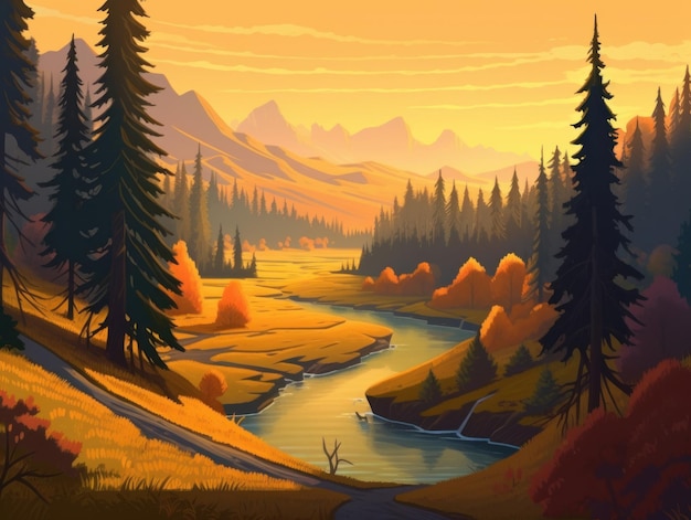 Obraz przedstawiający rzekę z lasem w tle.