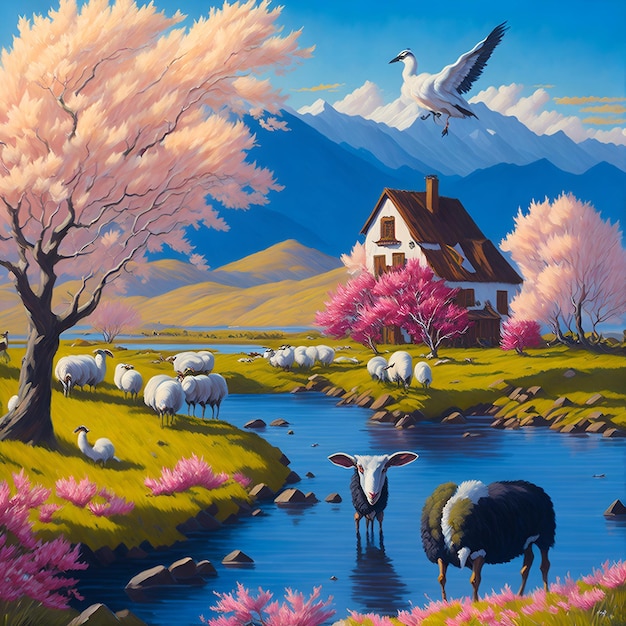 Obraz przedstawiający scenę farmy z owcą i górą w tle.