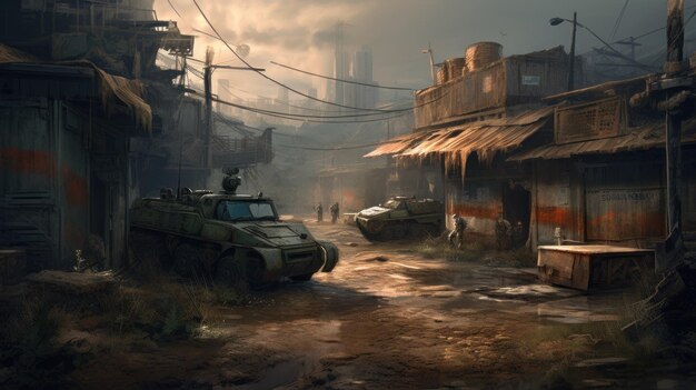 Obraz przedstawiający scenę uliczną z czołgami i budynkiem w tle.