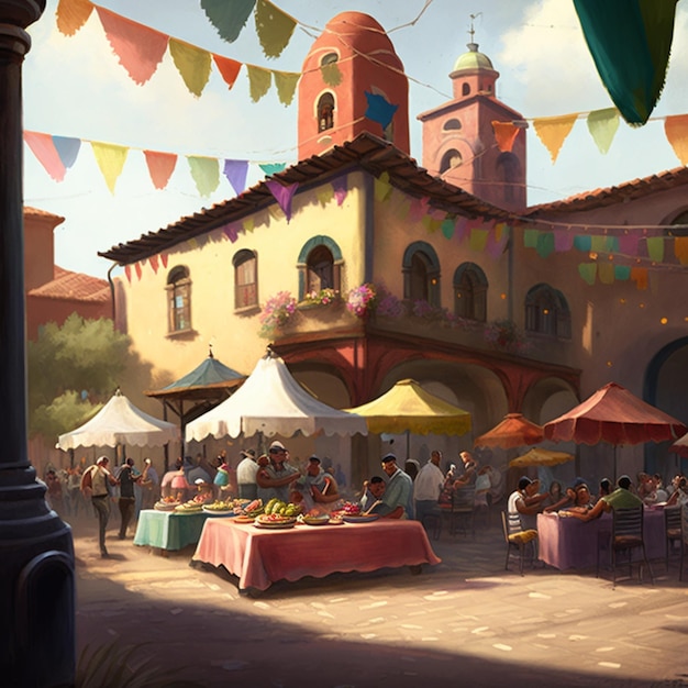 Obraz przedstawiający scenę uliczną z rynkiem przed nim.