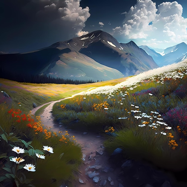 Obraz przedstawiający ścieżkę prowadzącą do góry z kwiatami.