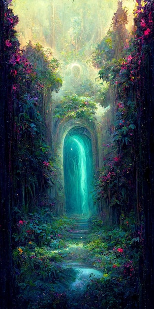 Obraz przedstawiający ścieżkę prowadzącą do tunelu ze światłem u góry.