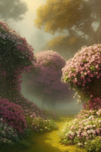 Obraz przedstawiający ścieżkę przez las z różowymi kwiatami.
