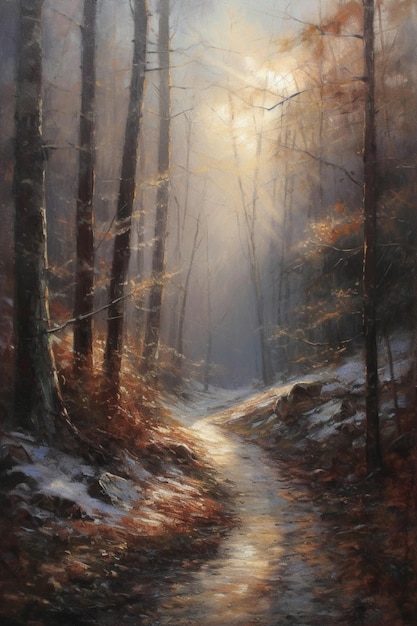 Obraz przedstawiający ścieżkę w lesie, na której świeci słońce.