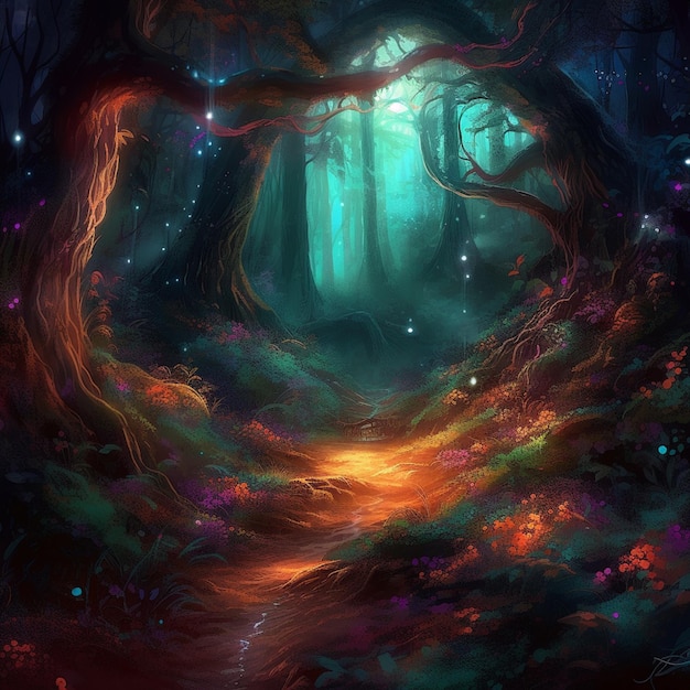 Obraz przedstawiający ścieżkę w lesie ze światłem.