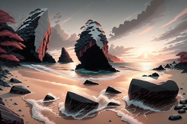 Obraz przedstawiający skały na plaży z zachodzącym za nimi słońcem.
