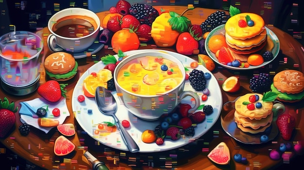 Obraz przedstawiający śniadanie z naleśnikami i owocami.