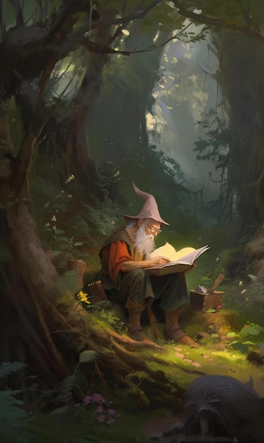 Obraz przedstawiający starego czarodzieja w czapce siedzącego w lesie i czytającego książkę AI Generation