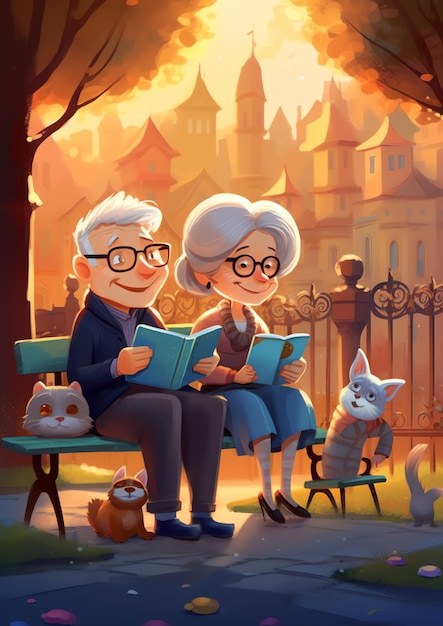 Obraz przedstawiający starszą parę czytającą książki przed pejzażem miejskim