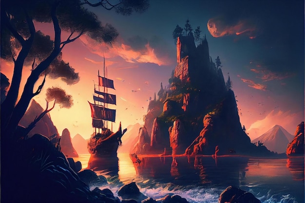 Obraz przedstawiający statek na skalistej wyspie z zachodem słońca w tle.