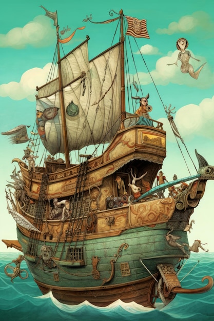 Obraz przedstawiający statek z mnóstwem zwierząt