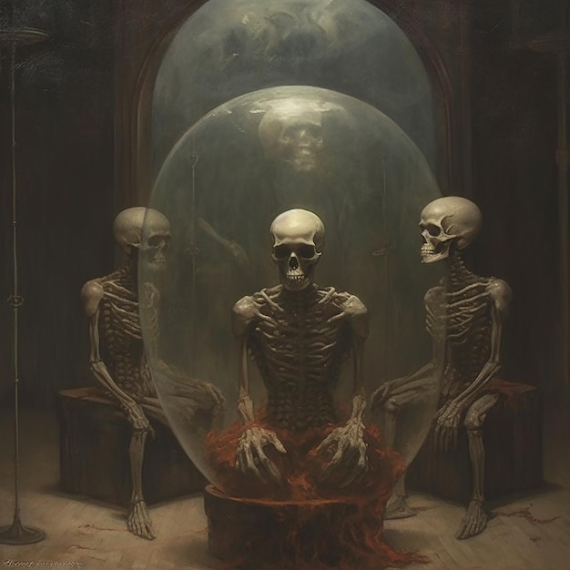 Obraz przedstawiający szkielety siedzące w bańce z napisem „słowo”.