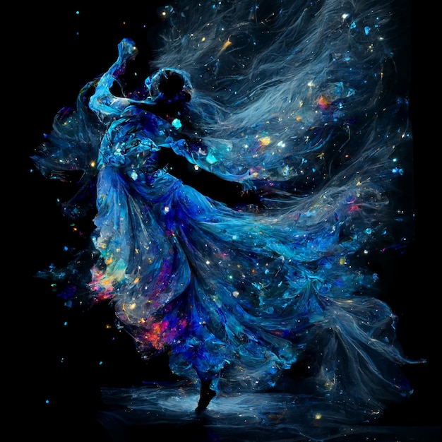 Obraz przedstawiający tańczącą kobietę w niebieskiej sukience z napisem „tańcz”.