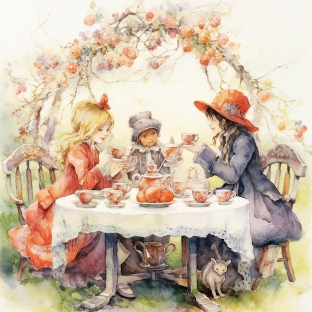 Obraz przedstawiający trójkę dzieci pijących herbatę.