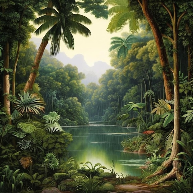 Obraz przedstawiający tropikalną dżunglę z jeziorem pośrodku.