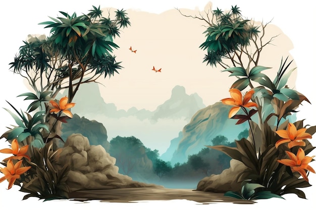 Obraz przedstawiający tropikalną scenę z kwiatami i drzewami Generacyjna sztuczna inteligencja