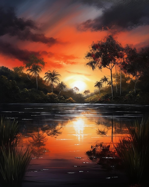 Obraz przedstawiający tropikalny krajobraz z palmami i zachodzącym za nim słońcem.